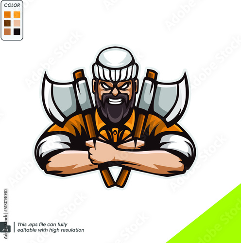 Vector illustration of lumberjack emblem, label, badge, logo with text. Isolated on white background.
