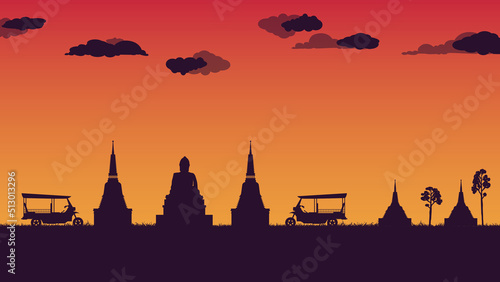 silhouette of tuk tuk (traditional taxi) and pagoda and temple at Thailand on gradient background