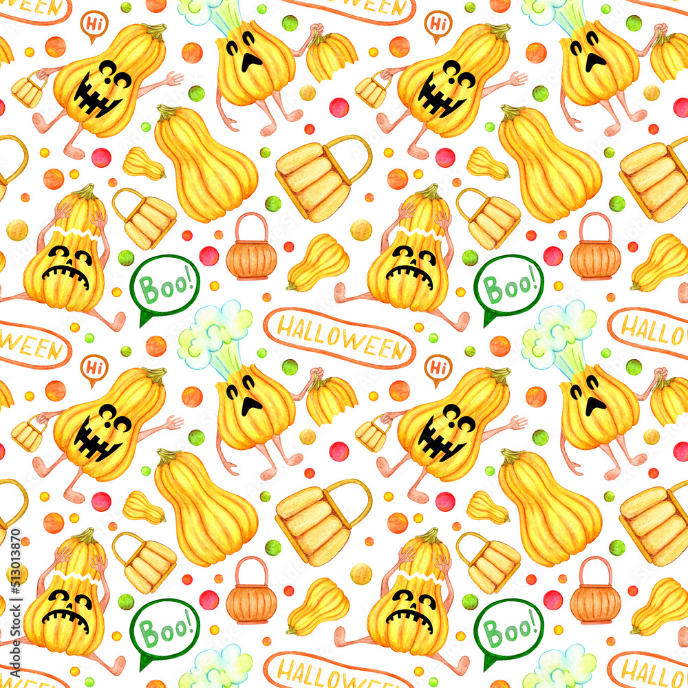 Seamless Halloween pattern. Pumpkins are scary and funny. Happy spooky holiday. Hand drawn watercolor and colored pencils illustration on white background. Cartoon child character.