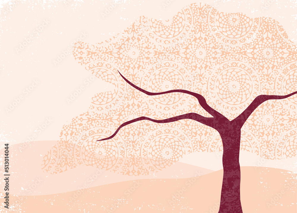 An abstract landscape with lacey canopy tree, in a cut paper style with textures
