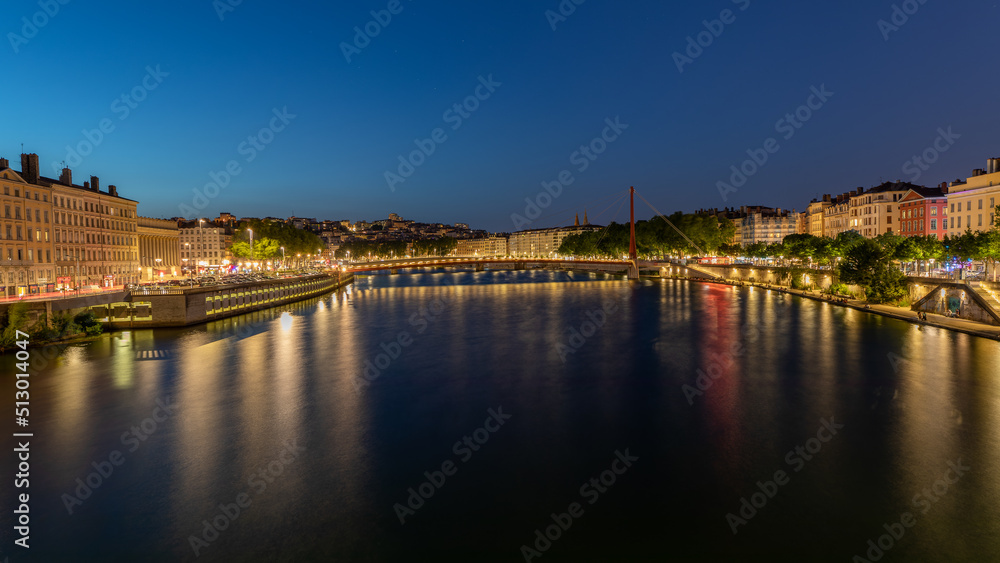 Panorama City of Lyon  by night in France on June 2022 