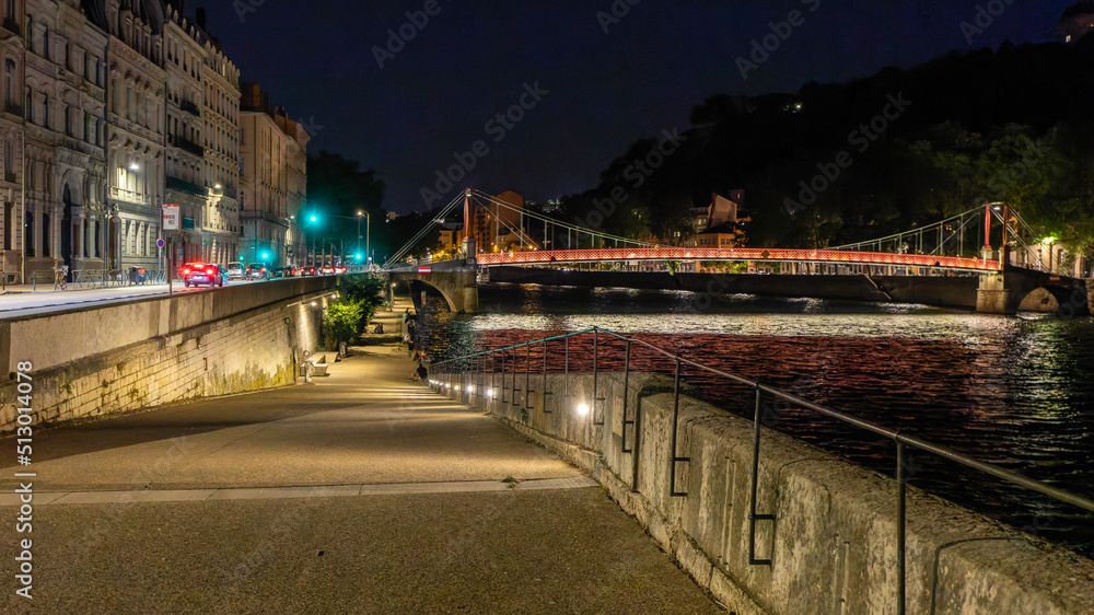 Night cityscape in Lyon in France