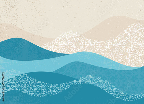 An abstract scene of ocean waves and sand, in a cut paper style with textures
