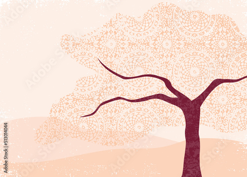 An abstract landscape with lacey canopy tree, in a cut paper style with textures 