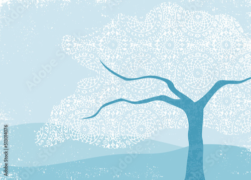 An abstract landscape with lacey canopy tree, in a cut paper style with textures