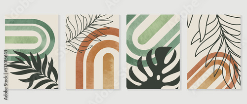 Set of abstract foliage wall art vector. Leaves, organic shapes, earth tone colors, leaf branch in line art style. Watercolor wall decoration collection design for interior, poster, cover, banner.