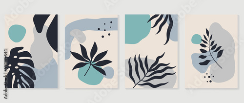 Set of abstract foliage wall art vector. Leaves, organic shapes, earth tone colors, leaf branch in line art style. Botanical wall decoration collection design for interior, poster, cover, banner.