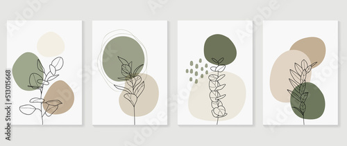 Set of abstract foliage wall art vector. Leaves, organic shapes, earth tone colors, leaf branch in line art style. Botanical wall decoration collection design for interior, poster, cover, banner.