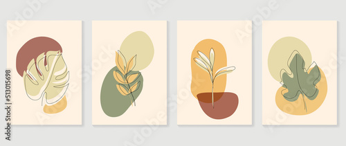 Set of abstract foliage wall art vector. Leaves  organic shapes  earth tone colors  leaf branch in line art style. Botanical wall decoration collection design for interior  poster  cover  banner.