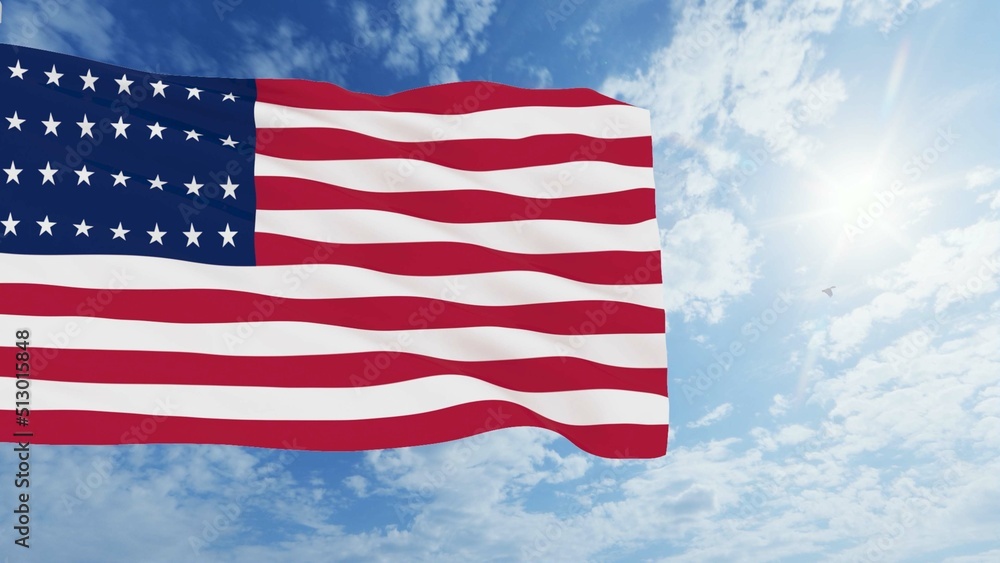 Fototapeta premium Flag of United States waving in the wind, sky and sun background. United States Flag 3d rendering.
