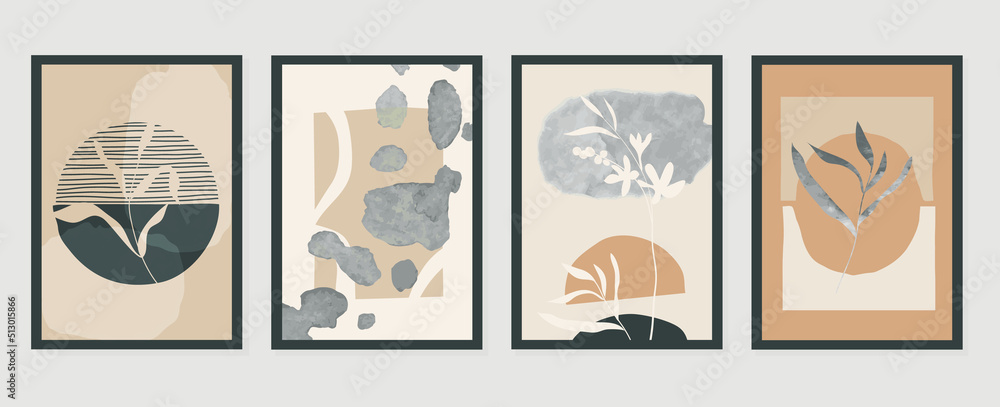 Set of abstract foliage wall art vector. Leaves, organic shapes, earth tone colors, leaf branch in line art style. Watercolor wall decoration collection design for interior, poster, cover, banner.