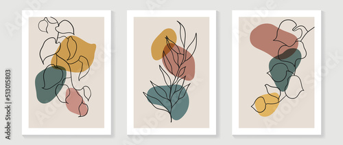 Set of abstract foliage wall art vector. Leaves, organic shapes, earth tone colors, leaf branch in line art style. Botanical wall decoration collection design for interior, poster, cover, banner.