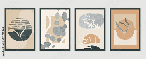 Set of abstract foliage wall art vector. Leaves, organic shapes, earth tone colors, leaf branch in line art style. Watercolor wall decoration collection design for interior, poster, cover, banner. © TWINS DESIGN STUDIO