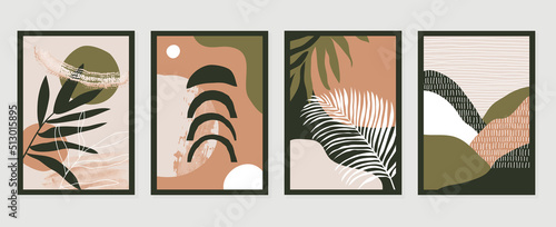 Set of abstract foliage wall art vector. Leaves, organic shapes, earth tone colors, leaf branch in line art style. Watercolor wall decoration collection design for interior, poster, cover, banner.