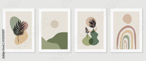 Set of abstract foliage wall art vector. Leaves, organic shapes, earth tone colors, leaf branch in line art style. Watercolor wall decoration collection design for interior, poster, cover, banner.
