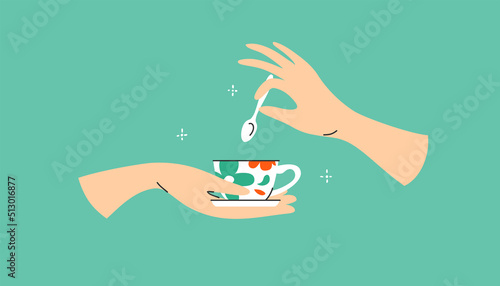 Man or woman hands holding floral ceramic cup and spoon. Coffee break time, English five o'clock tea. Hot drink in flower pattern mug. Elegant hand holding teaspoon. Isolated art vector illustration