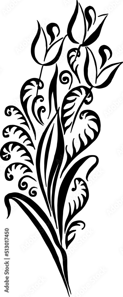 Tulips and fern branches drawing. Bouquet of stylized flowers. Black and white vector illustration. Outline calligraphy. Can be used to print posters, postcards, invitations. Tulips and fern branches drawing. Bouquet of stylized flowers. Black and white vector illustration. Outline calligraphy. Can be used to print posters, postcards, invitations.