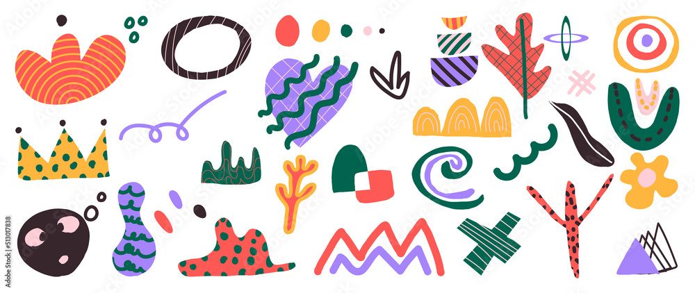 Minimalist abstract art shapes vector collection. Set of doodle elements, hand drawn organic shape, leaf, flowers. Minimal style element on white background for decoration, ads, prints, branding.