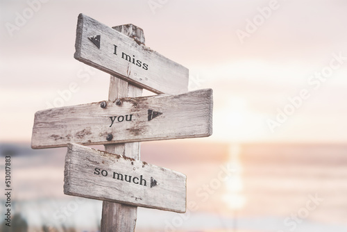 i miss you so much text quote on wooden crossroad signpost outdoors on beach with pink pastel sunset colors. Romantic theme.