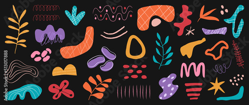 Minimalist abstract art shapes vector collection. Set of doodle elements  hand drawn organic shape  leaf  flowers. Minimal style element on dark background for decoration  ads  prints  branding.