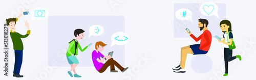 Vector of young people use smartphones, chatting, making selfies and listening music