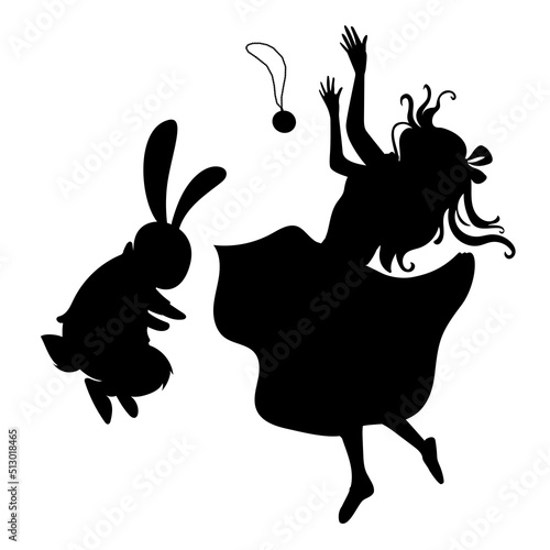 Girl silhouette in dress falling with rabbit, cartoon illustration