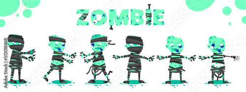 Halloween cartoon monsters stickers set. Funny drawings of green zombie dead body walking mummy scary character costume kit vector illustration