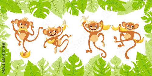 Illustration of a happy monkey set cute cartoon monkeys with bananas in different poses isolated on white. Jungle animals jocko. With frame of tropic leaves. Vector. photo