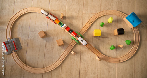Top view of toy train on track