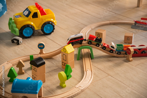 Wooden toy train on track