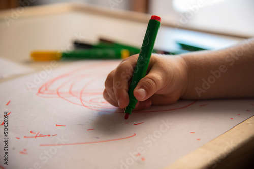 Close up of hand of little kid drawing on white paper