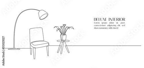 One continuous line drawing of chair and floor lamp and table with potted plant. Web banner with modern scandinavian furniture in simple linear style. Editable stroke. Doodle vector illustration