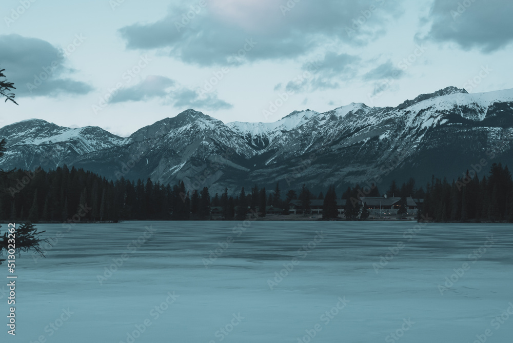 Icy lake winter mountain scene
