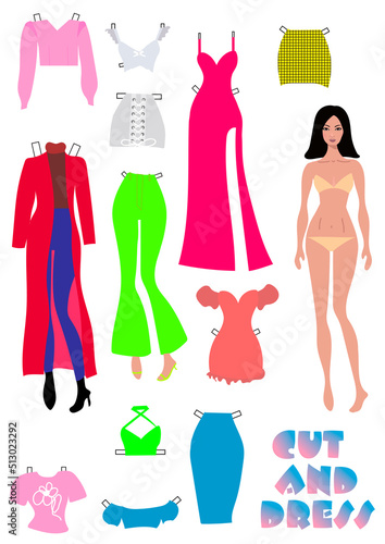 Cut out and dress. Paper doll for children with a set of clothes. Beautiful girl in a bathing suit. Set of bright fashion clothes. Vector graphics.