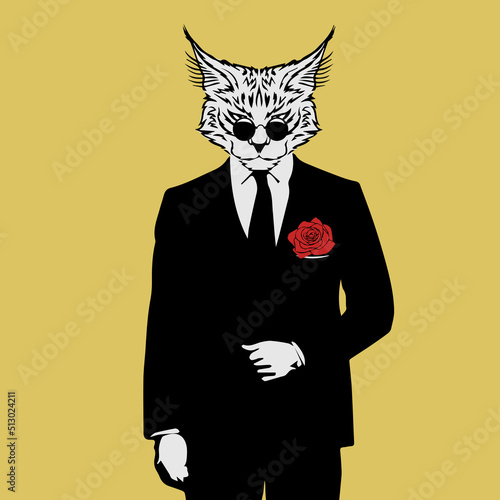 Portrait of Cat in suit and sunglasses. Bodyguard. Hand-drawn illustration