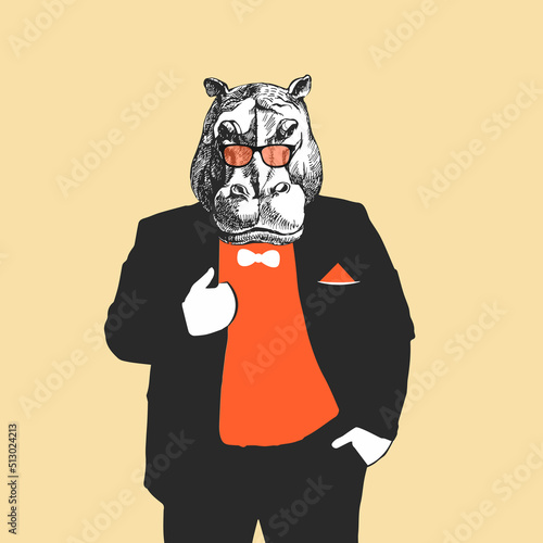 Hippo in a suit with glasses in vintage style. Cute illustration of an animal in a suit and sunglasses.