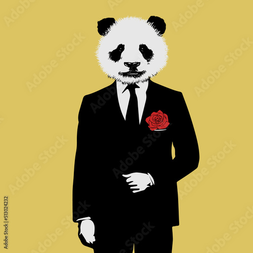 Portrait of Panda in suit and sunglasses. Bodyguard. Hand-drawn illustration.