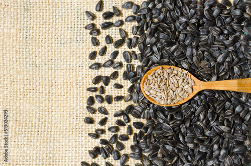 Sunflower kernel in a wooden spoon against the background of seeds