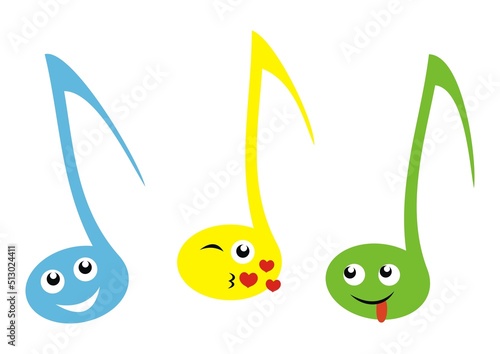 Three smiling music notes, crazy vector illustration