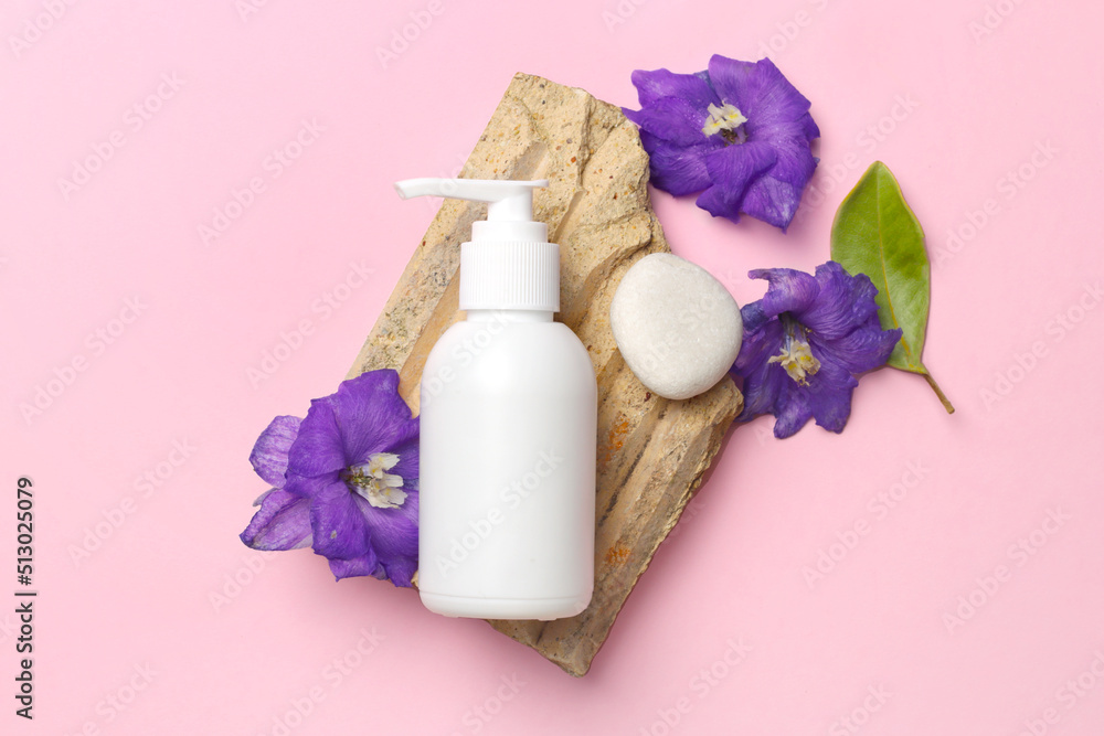 care products cream, lotion, flower. bath accessories on pink background, top view. Face bodycare beauty treatments at home concept, organic bath products, morning routine care products cream, lotion, flower. bath accessories on pink background, top view. Face bodycare beauty treatments at home concept, organic bath products, morning routine