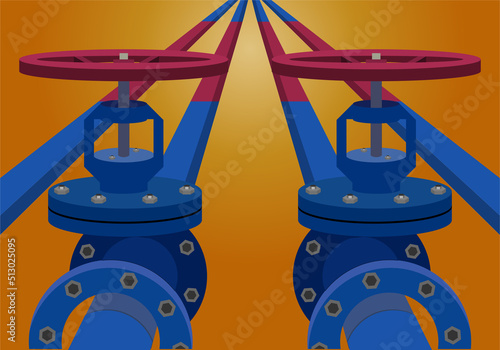 Llaves de gas de un gaseoducto en rojo y azul sobre fondo degradado marrón. Gaseoducto