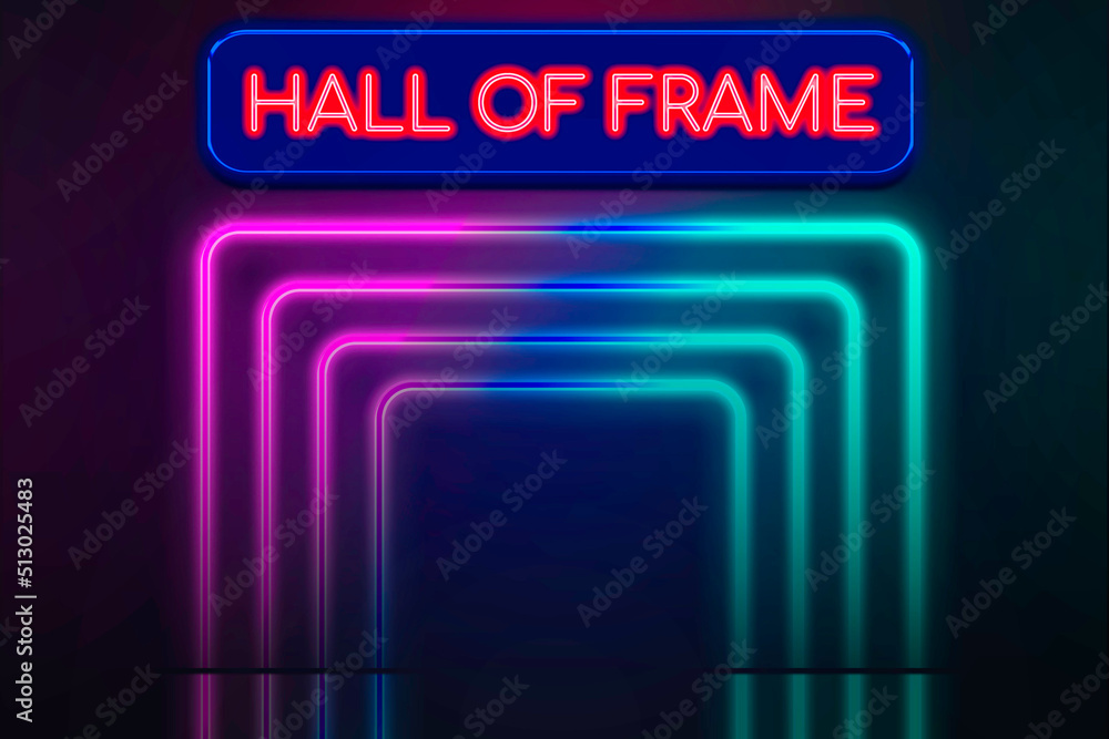 Fototapeta premium Hall of frame text with a neon light frame and copy space on a dark background, signboard.