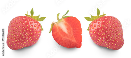 Two strawberries, strawberries in the cut. Isolated strawberry on white background with shadow. Macro photo of strawberries.