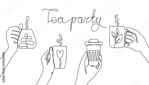 Continuous line drawing of hands holding a cups of tea with the lettering Tea Party. Concept of a hot drink made from tea leaves. Great for postcard, greeting card, party invitation. Sketch, line art