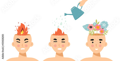 Angry calm man or woman. Head with fire Vector illustration of anger, fury, annoyance. Anger, stressed Burnout, stress, emotional problem abstract concept. Burning brain. flame. flat