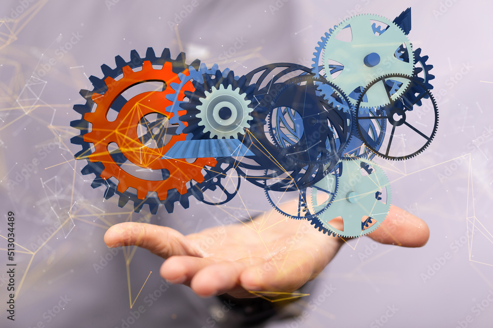 gear system data. Connecting lines and dots.Big data visualization gear system data. Connecting lines and dots.Big data visualization