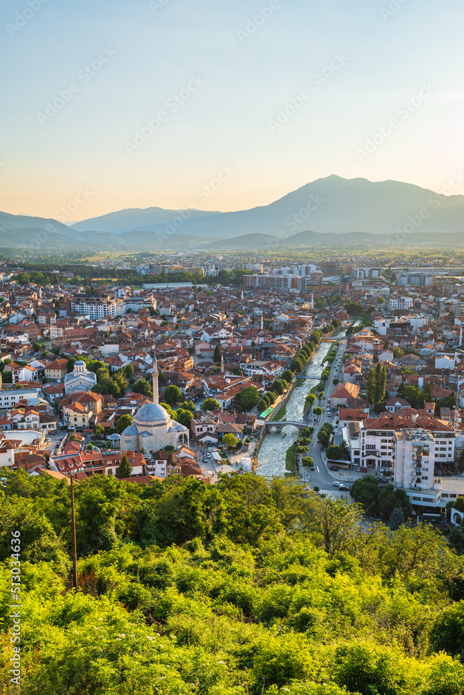 Prizren cityscape from the fortress at sunset in Kosovo. Prizren, Kosovo. Prizren aerial view,  a historic and touristic city located in Kosovo