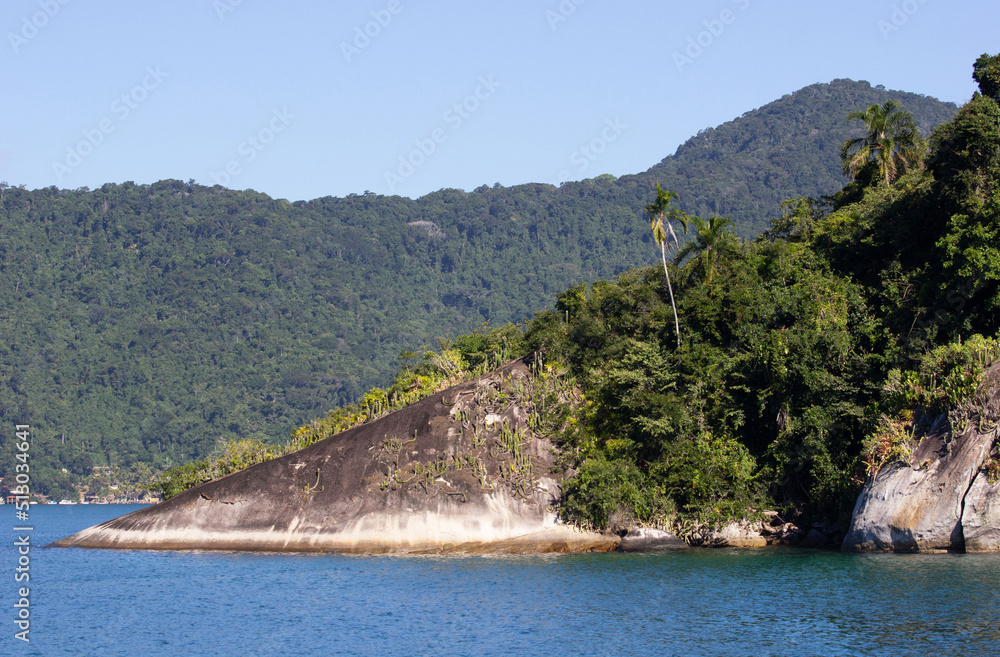 Paraty, city in the state of Rio de Janeiro, Brazil. Vegetation, sea. Atlantic Forest Biome. Mountain covered with trees, clear sky, sunny day, crystal clear water, blue and green. Nature beauty.
