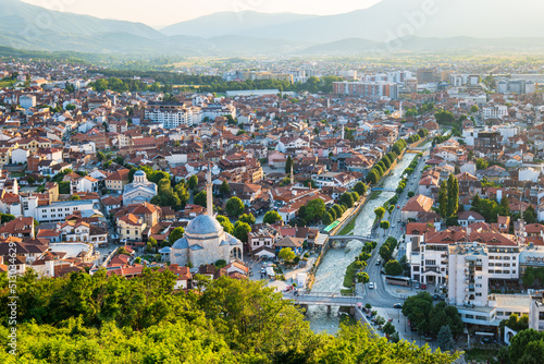 Prizren cityscape from the fortress at sunset in Kosovo. Prizren, Kosovo. Prizren aerial view,  a historic and touristic city located in Kosovo photo