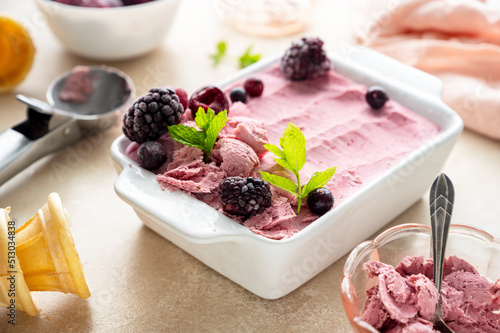 Homemade pink healthy sorbet with banana and berry ice cream summer refresing treat photo